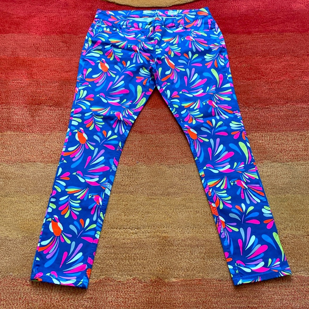 Bright Blue Floral-Print Straight Leg Jeans